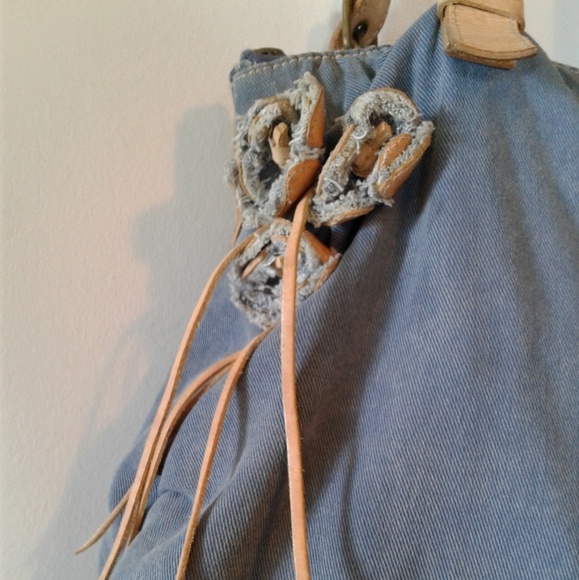 miu miu shoulder bag flower motif blue denim canvas tan leather tote hand-bag - Picture 6 of 11